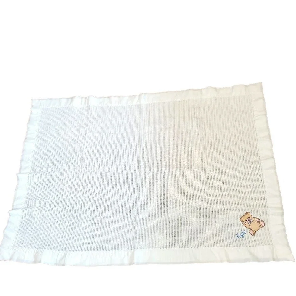 Vintage Beacon White Waffle Weave Baby Blanket Nylon Trim Teddy Bear Kyle 50x33‎